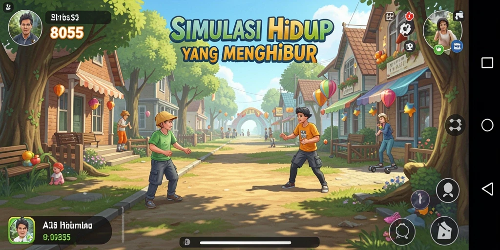 Screenshot utama menampilkan gameplay penuh warna dari 8055 dengan karakter yang berinteraksi.