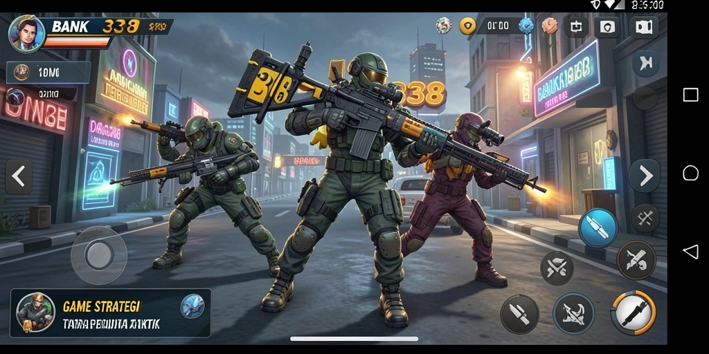 Screenshot gameplay menunjukkan aksi strategis dalam BANK338.