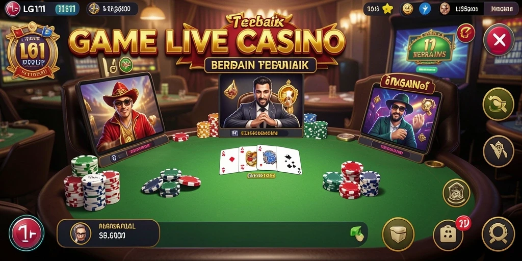 Screenshot gameplay LG111 menampilkan dealer profesional dan suasana kasino nyata.