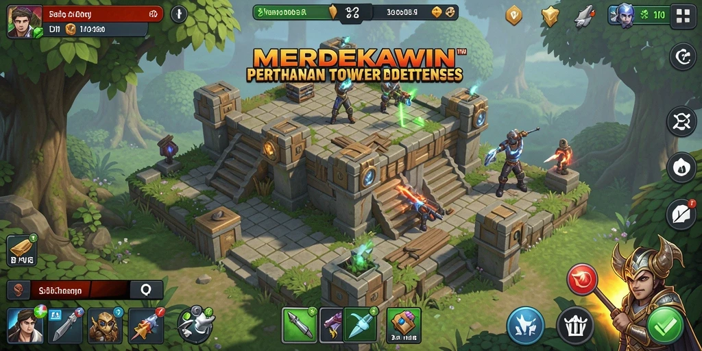 Tangkapan layar gameplay <strong>MERDEKAWIN</strong> yang menunjukkan pertahanan tower yang strategis.