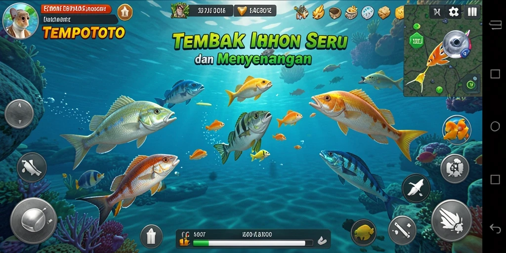 Tampilan gameplay TEMPOTOTO dengan aksi menembak ikan yang seru.